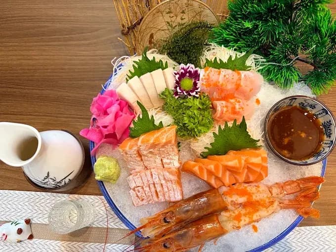Seafood platter with sliced fish and whole prawns